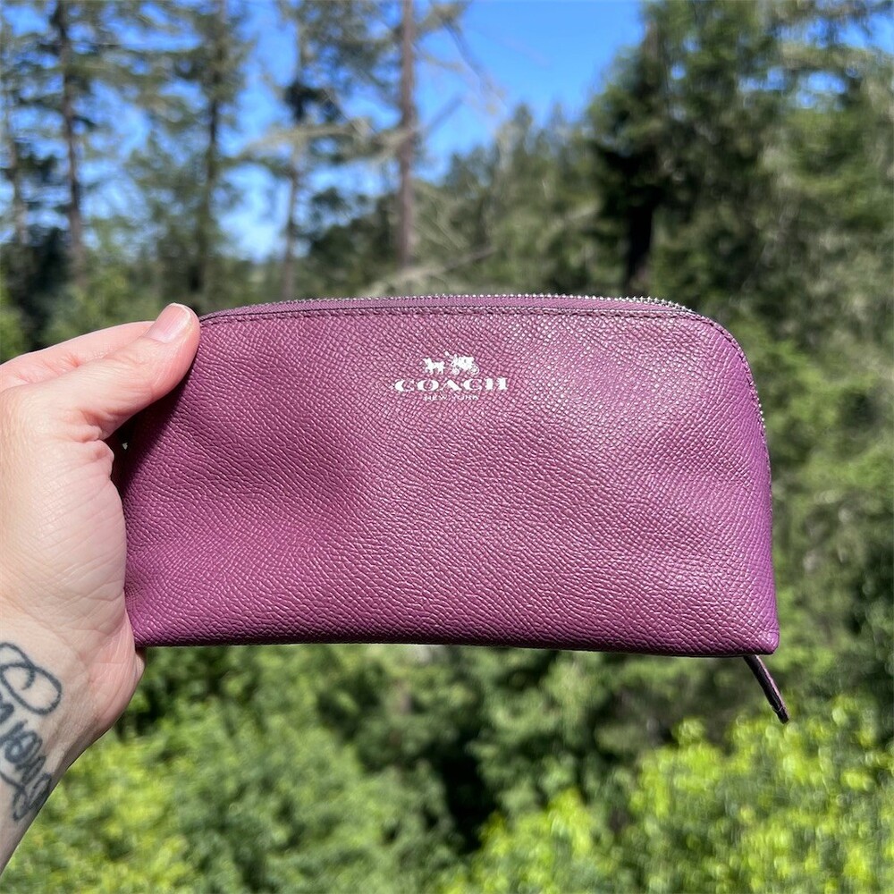 COACH Cosmetic Pouch Womens Small Purple Zip Makeup Bag Wristlet Clutch